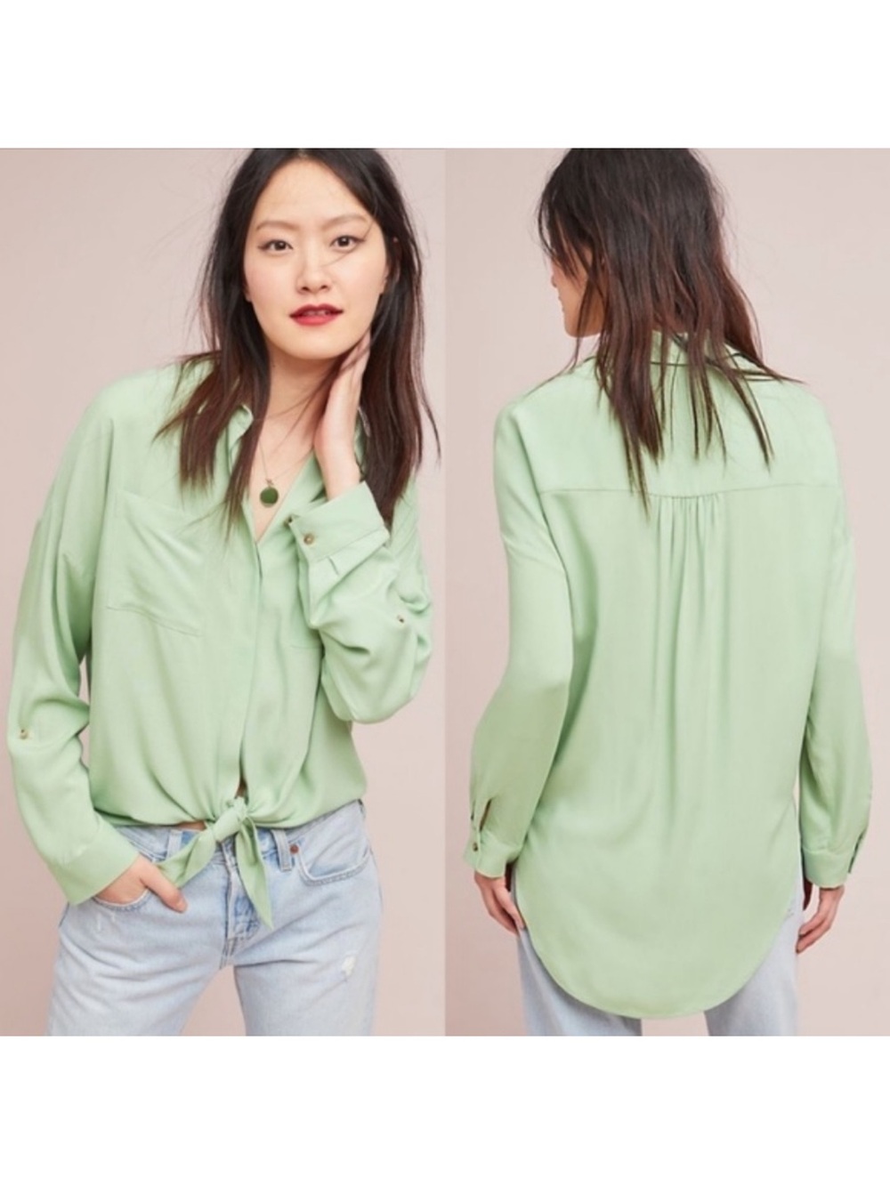 Maeve for Anthropologie Sandbridge green tie-front button-down shirt